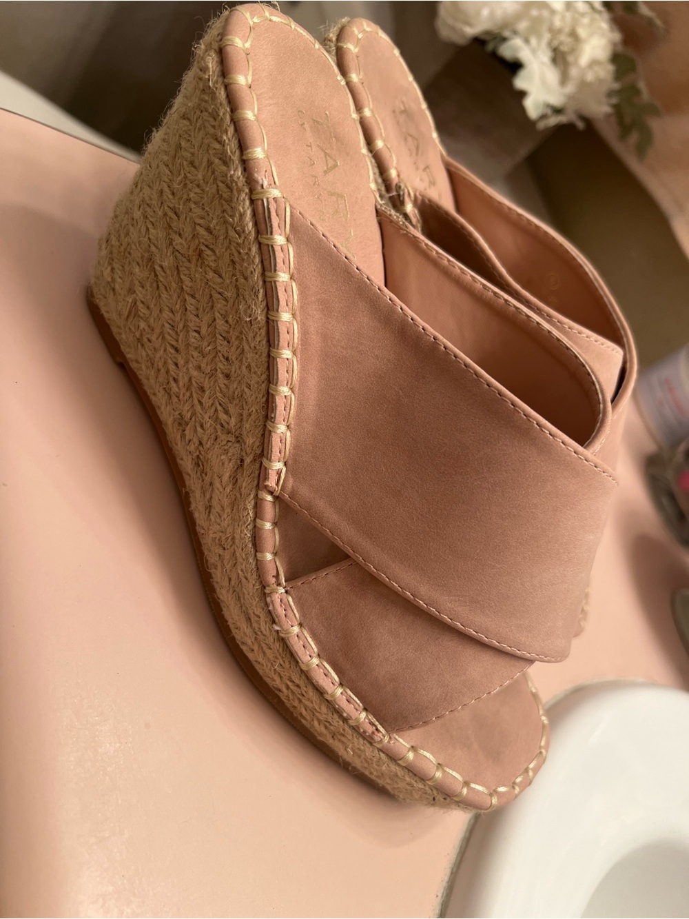 Taryn Rose Blush Pink Espadrille Wedge Slide Sandals